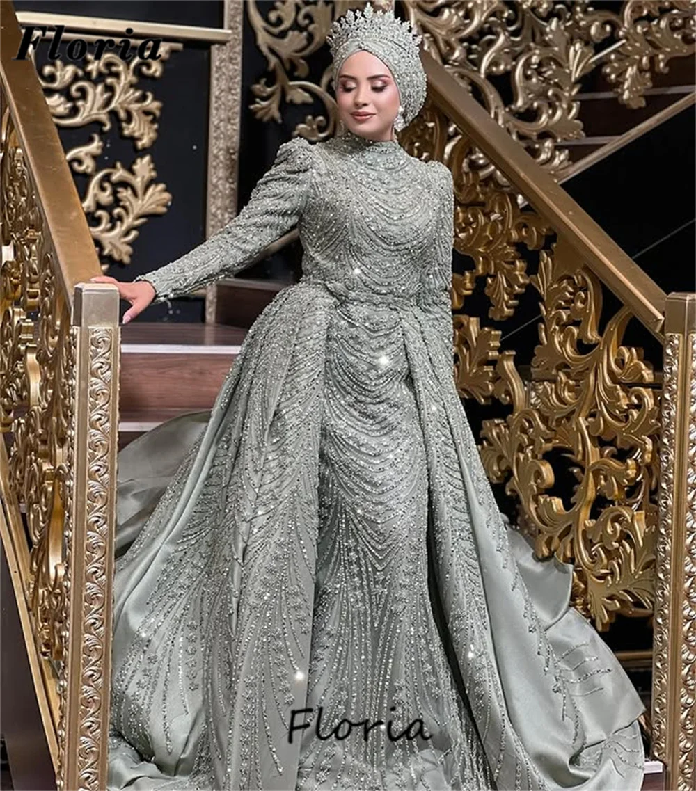 Maßgeschneiderte grüne Abendkleider mit vollen Ärmeln und abnehmbarem Rock, Geburtstagsparty-Kleider, Abendkleid für den Nahen Osten, Cocktailkleider