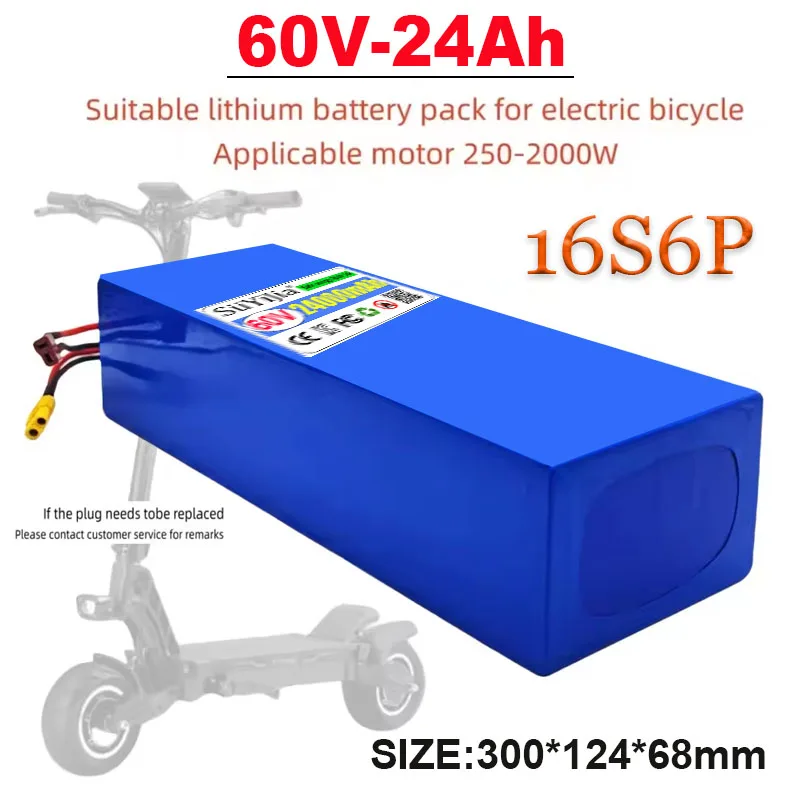 

16S6P 60V 24Ah Lithium Battery Pack 2000W High-power with Built-in BMS for Motorcycle, Scooter, Bicycle MotorReplace Battery