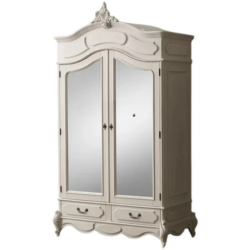 

53French Solid Wood Wardrobe Home Bedroom Double Door Drawer Wardrobe American White Small Storage Cabinet