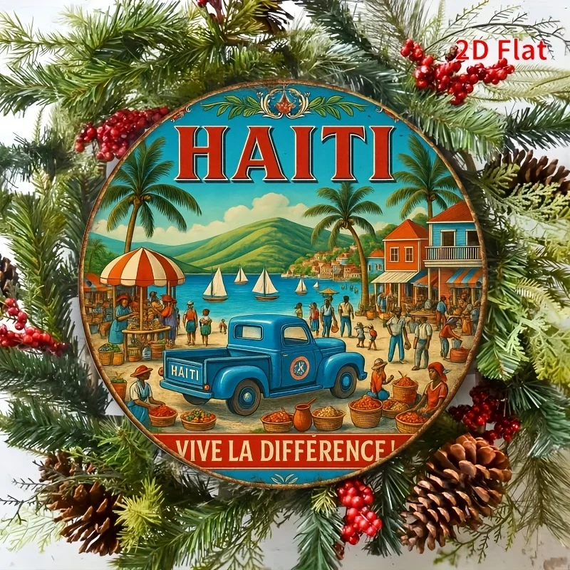 2D Flat - A 2D Flat Aluminum Sign Featuring a Vintage Beach Scene from Haiti with The Word 