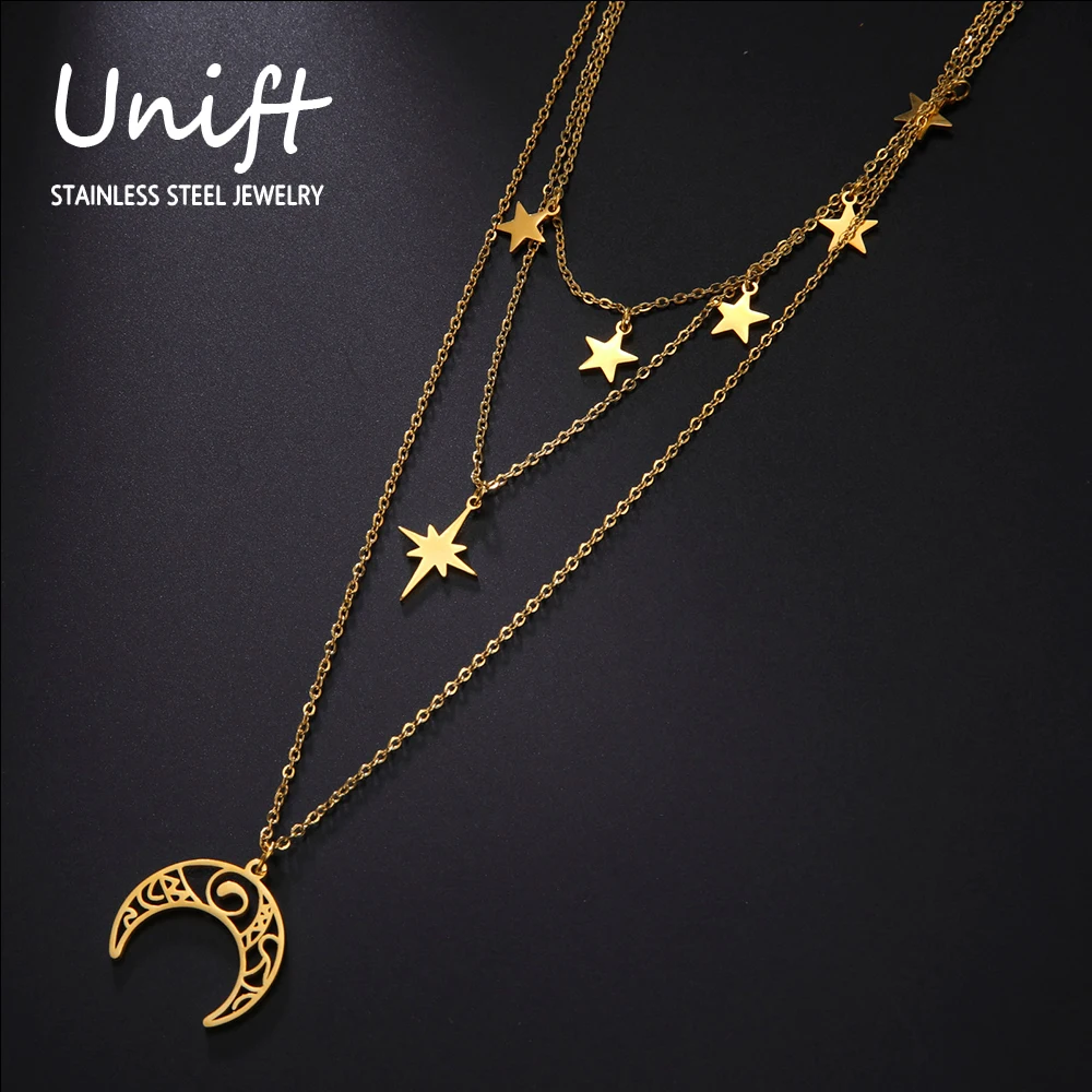 Unift Wicca hilal ay kolye yıldız paslanmaz çelik katmanlı kolye gerdanlık Vintage etnik gizli takı kadınlar için