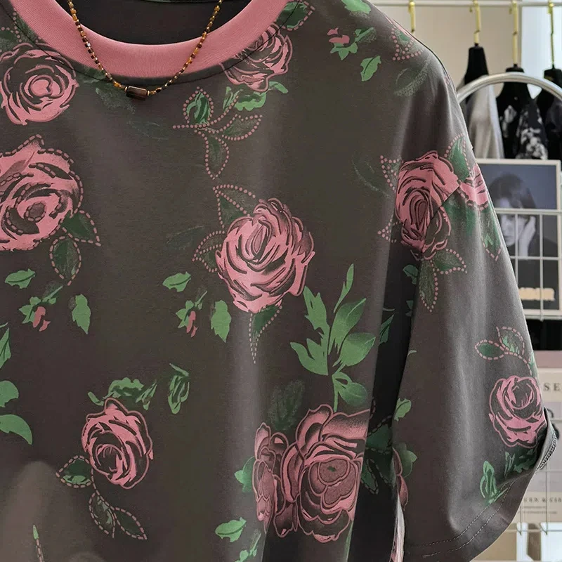 Simplicity Commute Summer New Printed T-shirts Women\'s Spliced Contrast Color Round Neck Loose Pullover Short Sleeve Casual Tops