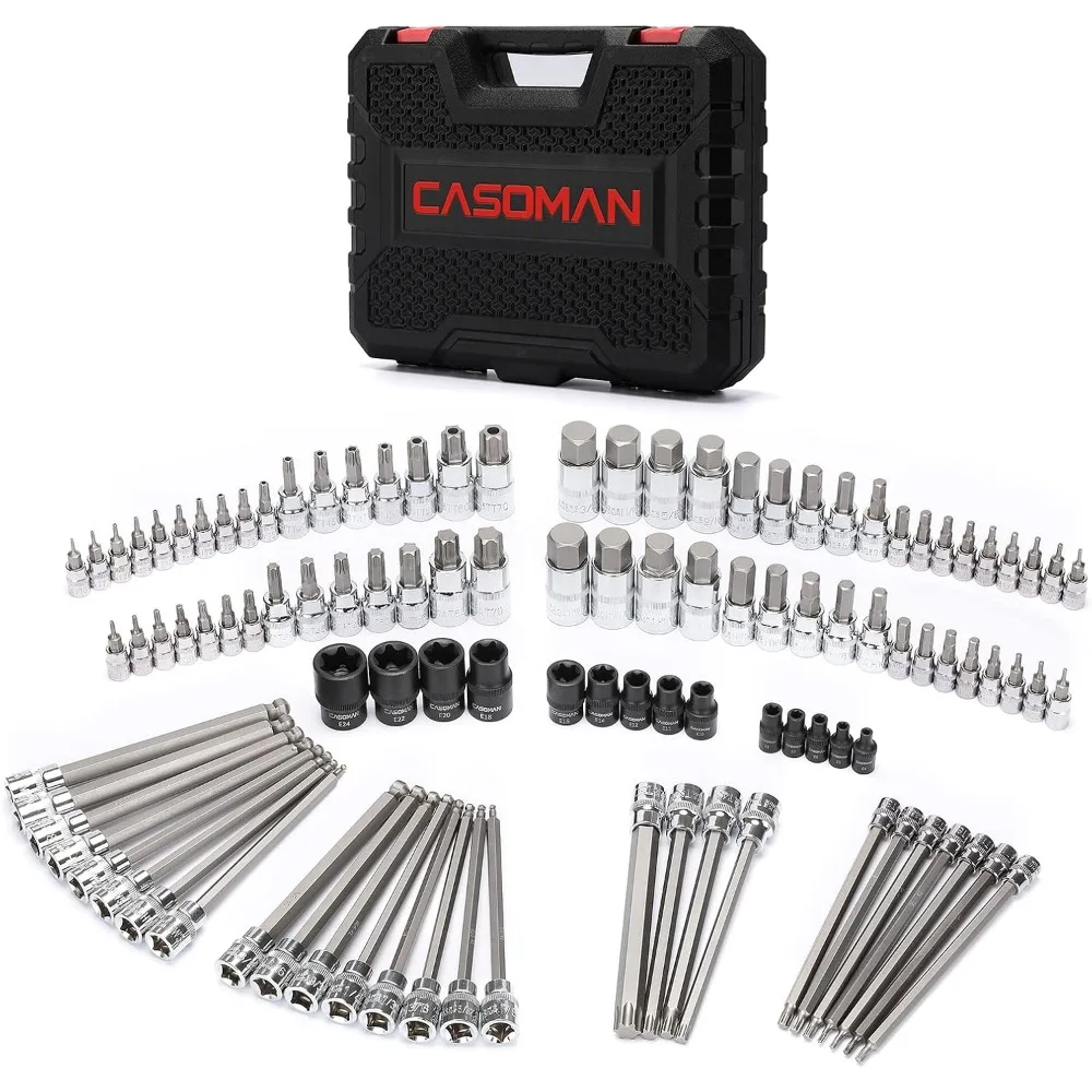 

Complete 107-Piece Socket Set with 1/4, 3/8, and 1/2 Drive Sizes, Including Torx, Tamper-Resistant Torx, Hex, and Ball End Hex B