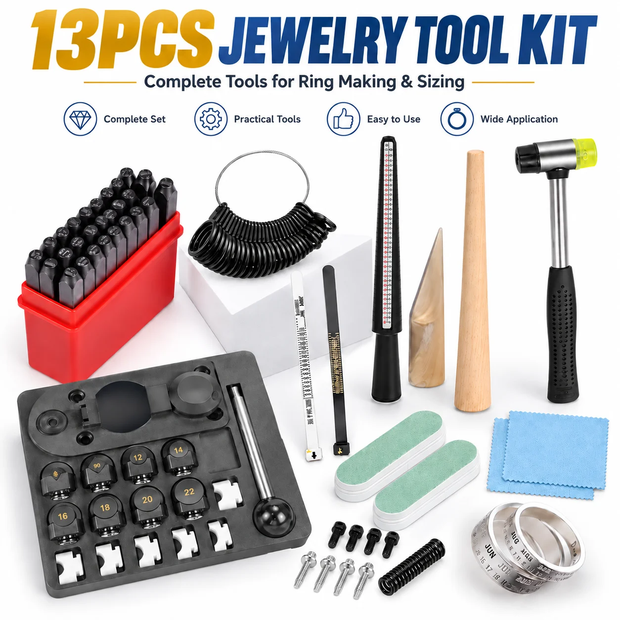 NIUPIKA 2nd Generation Metal Ring Bending Machine With Accessories 13pcs Set DIY Jewelry Making Tools Kit Multi-functional Manual Earring Bending Ring Bender Maker Letter Stamp Set (A-Z) Punches Ring