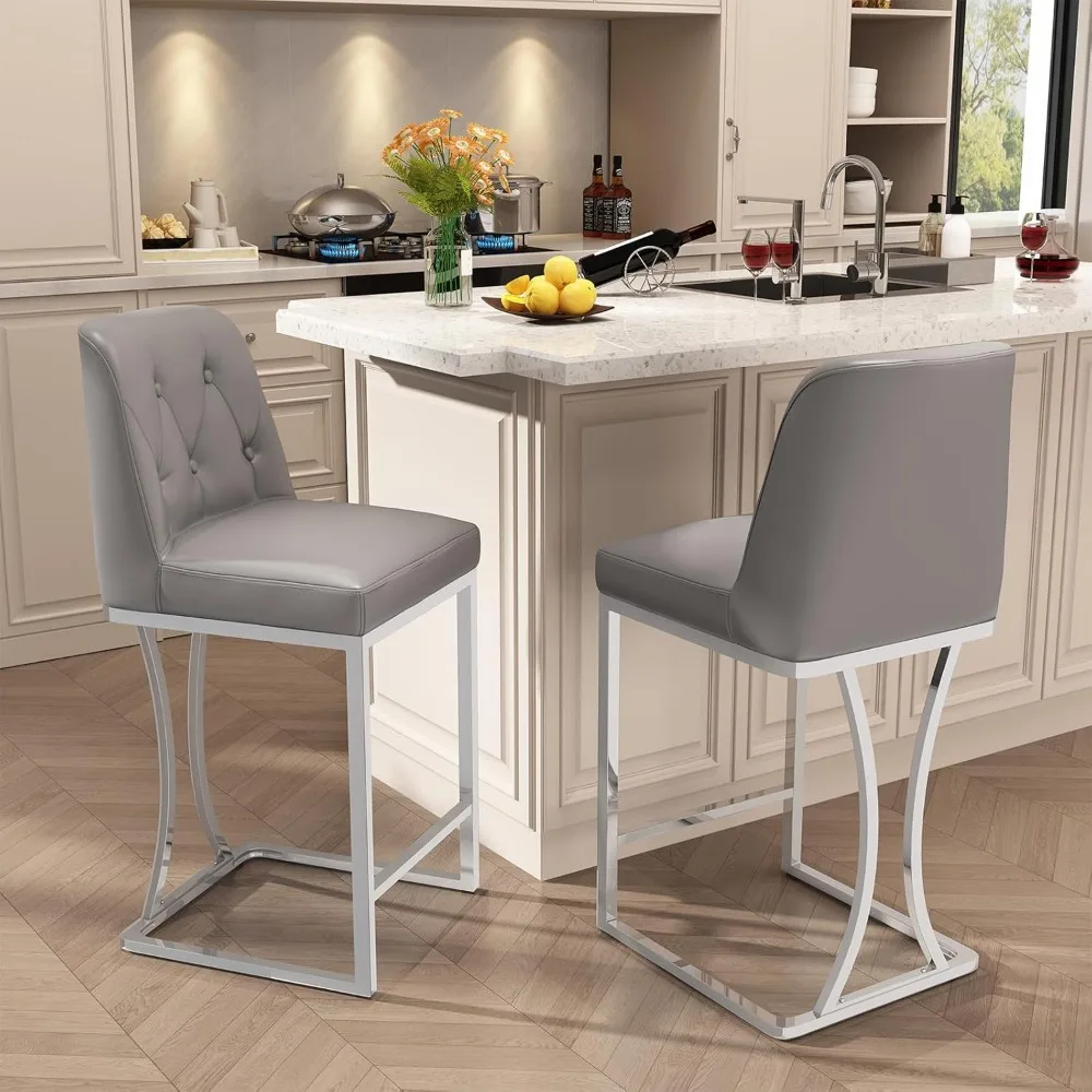 

24" Counter Height Bar Stools Set of 2, Grey Counter Stools with Back and Sliver Metal Frame, Modern Luxury Barstools with