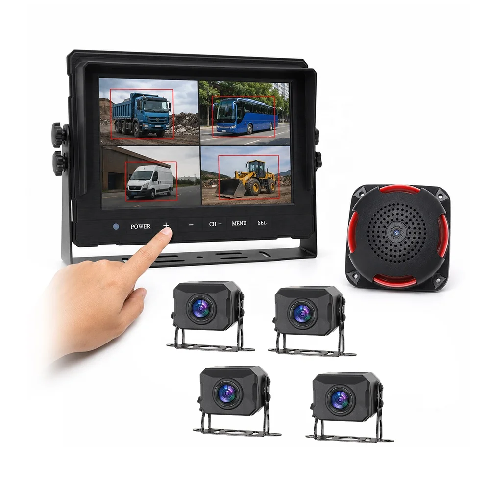 AI BSD System Quad Camera Blind Spot Detection 9 Inch Waterproof Voice Alarm Speaker Truck Fleet Commercial Vehicle Kit