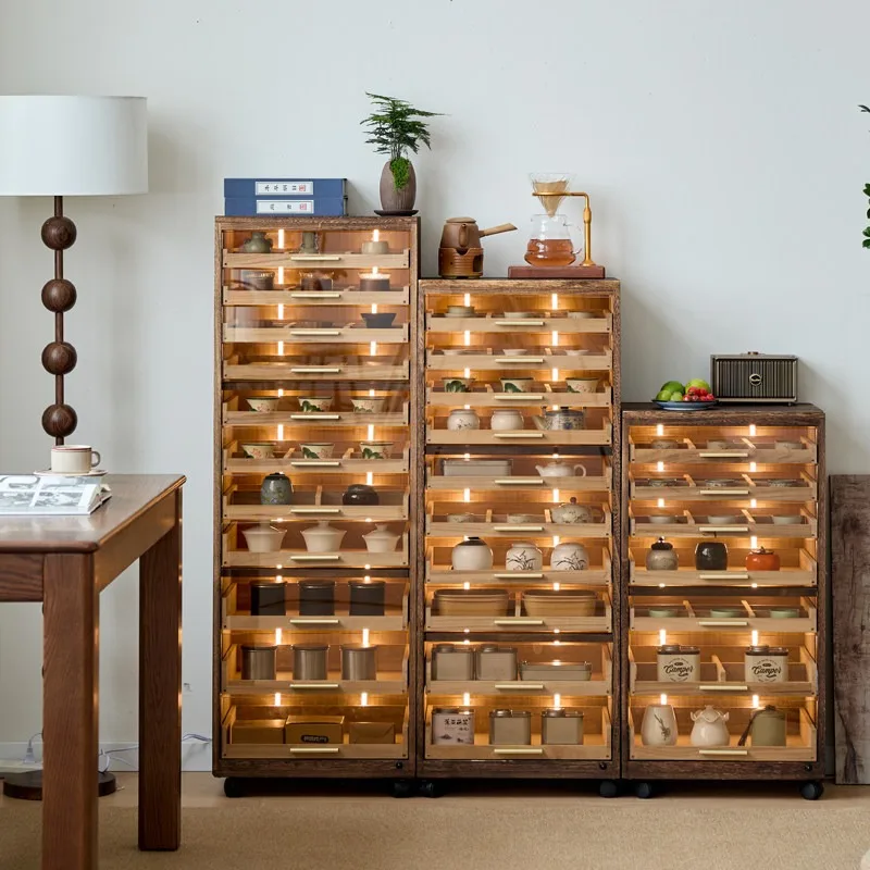 Black Walnut Solid Wood Desktop Jewelry Box with Lamp Large Capacity Storage for Tea Set Wenwan Bracelets Dental Cabinet