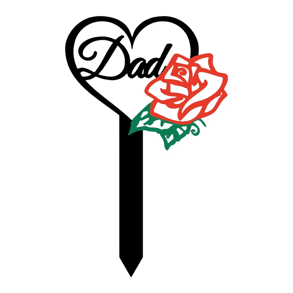 Outdoor Dad Remembrance Garden Stake with Heart Outline and Rose Illustration Built for Durability and Clear Visual Recognition