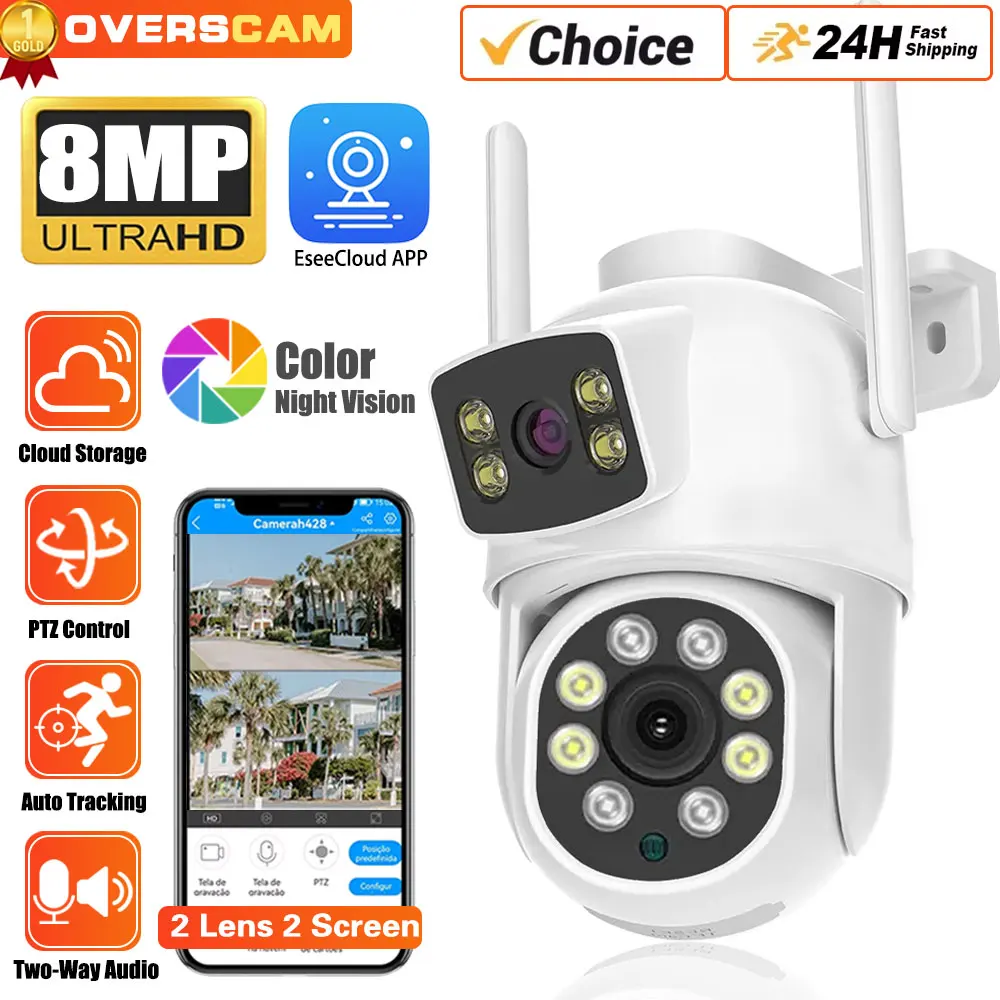 

4K 8MP Surveillance Dual Lens Dual Screen PTZ Home WiFi IP Camera Security-Protection CCTV Mini Video Security Camera Outdoor