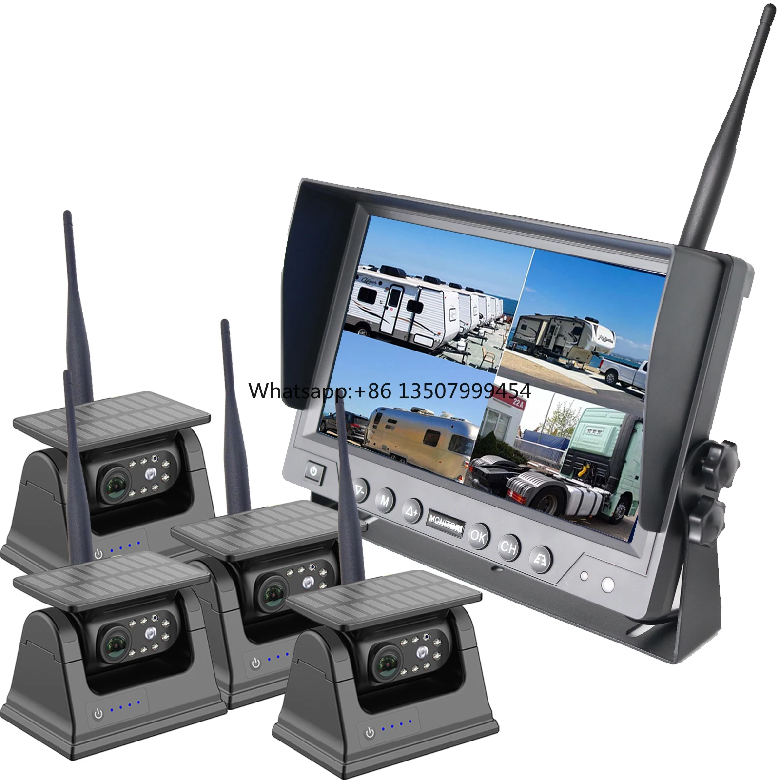Magnetic Solar Energy Dash Cam Security Backup 9 Inch DVR Monitor System Wireless Solar Powered Camera for Car Truck Rv Trailer