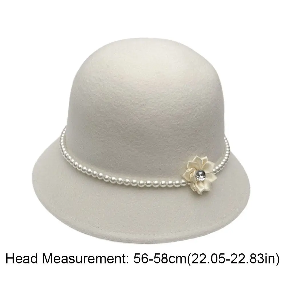 Sombrero de pescador cálido de Color sólido con flores y perlas a la moda, sombrero de pescador de lana Hepburn, sombrero de cubo de lana funerario