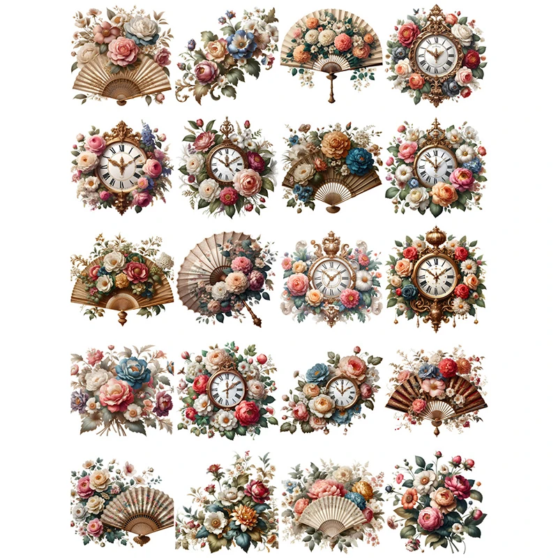 20Pcs/Pack Vintage Clock Fan Sticker DIY Craft Scrapbooking Album Junk Journal Decorative Stickers