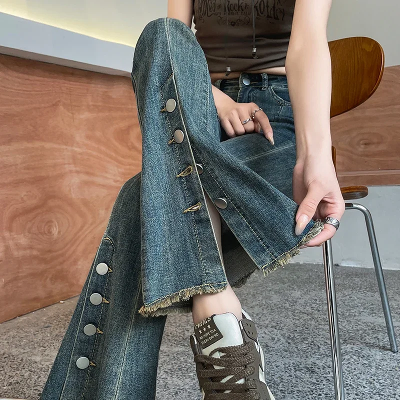 

High Waist Vintage Fur-Edge Skinny Jeans Y2K Bell Bottom Denim Pants for Women Summer Fashion Split Horn Design Lady's Trousers