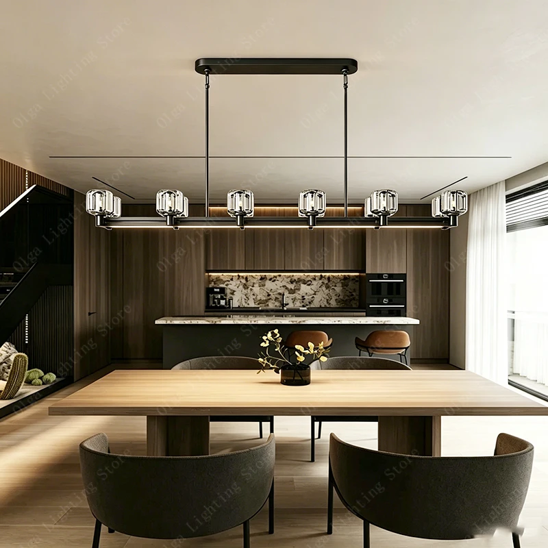 American High-end Black Crystal Chandelier LED Linear Pendant Light for Dining Room Kitchen Island Luxury Hanging Lamp