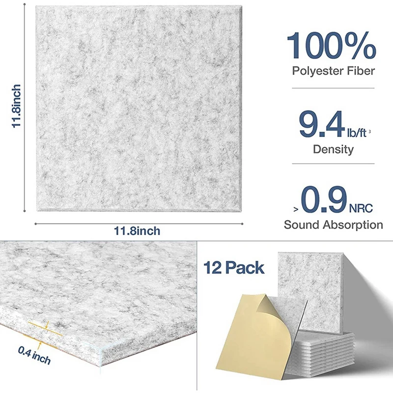 Samoprzylepna panele akustyczne 72 Pack,12X12X0.4 Cal dźwiękoszczelna wyściółka, Panel absorbujący dźwiękowa do domu, Grey