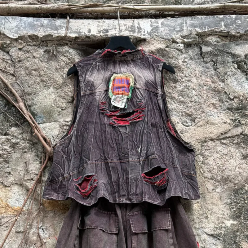 ANJY Spring Summer New Women Trend Ripped Patchwork Sleeveless V-Neck Denim Vest Safari Style Loose Ins Knee Length Pants A22405