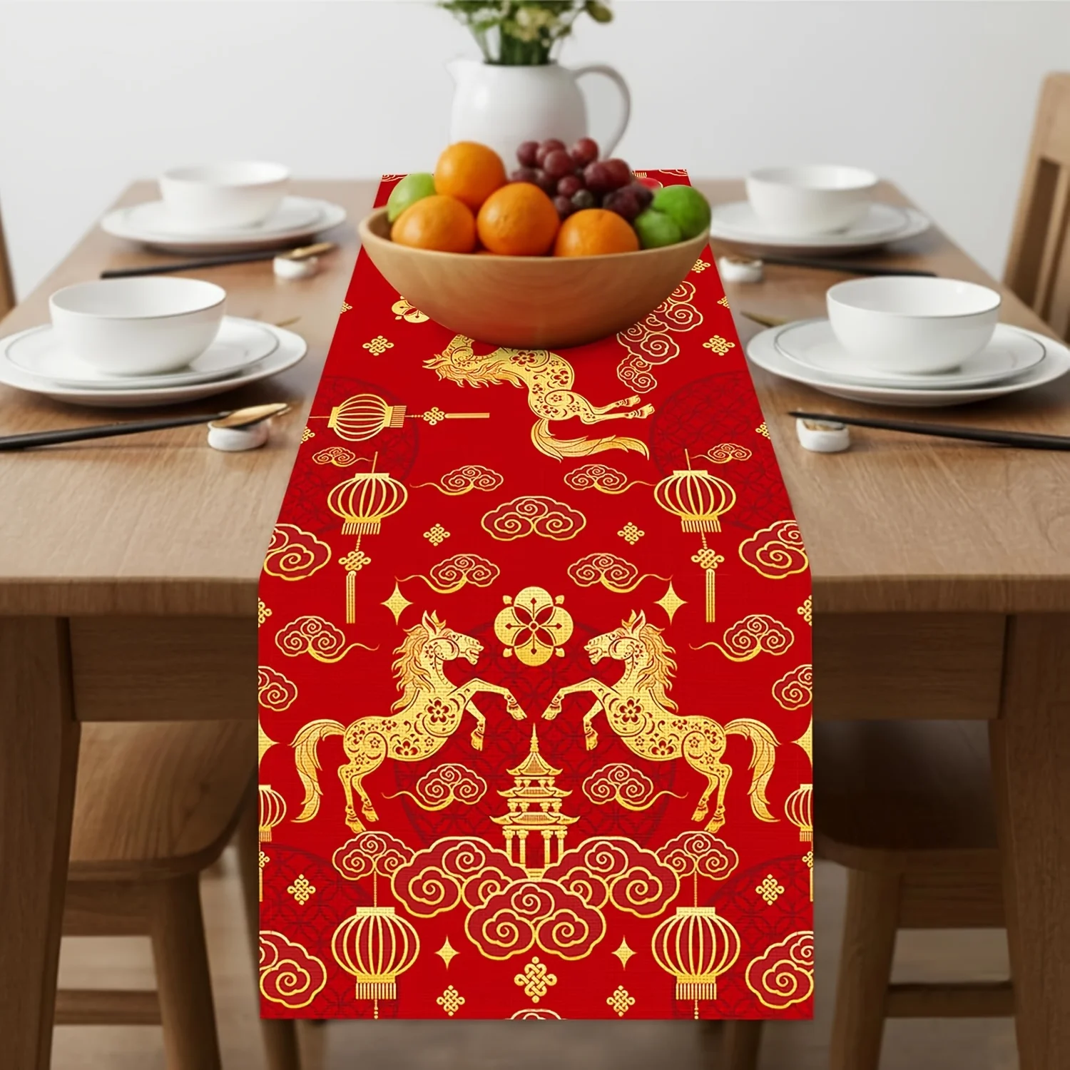 Chinese New Year Linen Table Runner Party Decor Zodiac Horse Spring Festival Lunar New Year Decorations 2026 for Home Kitchen