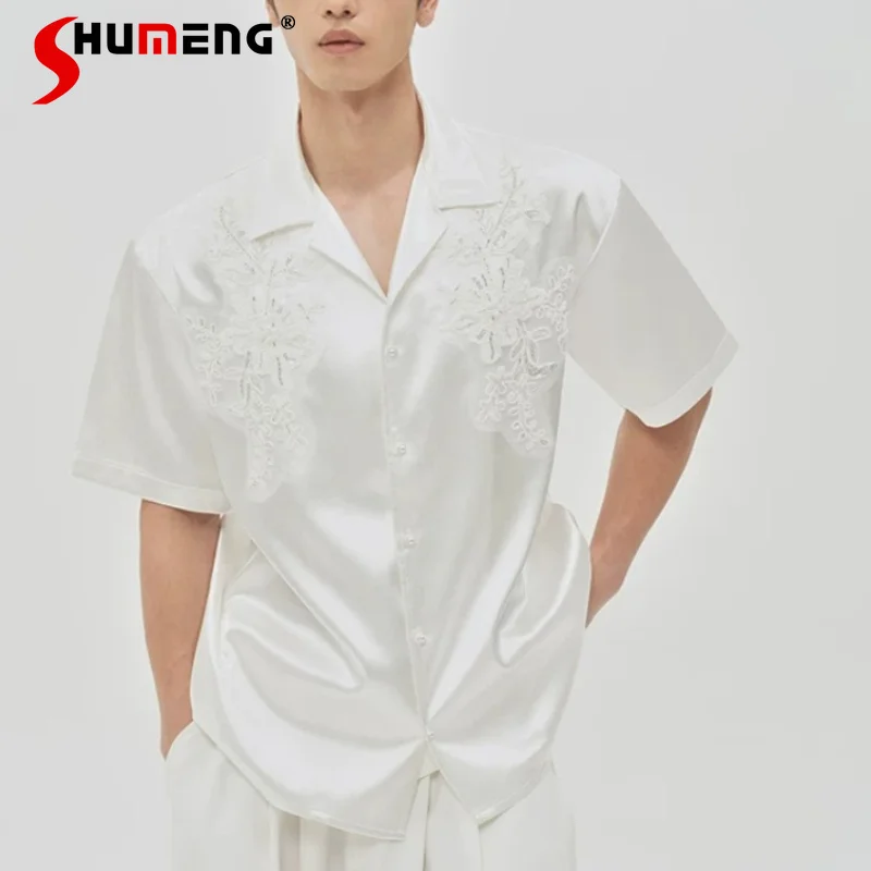 

Men's 2026 Summer New Trendy Light Luxury Shirts Male Handsome Elegant Chic Lace Embroidery Satin Shirts Loose Short-Sleeve Tops