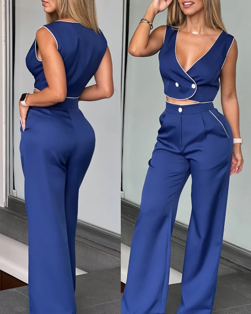 Contrast Binding 2025 Spring V-Neck Front Button Crop Tank High Waist Wide Leg Pants Casual Pants Sets