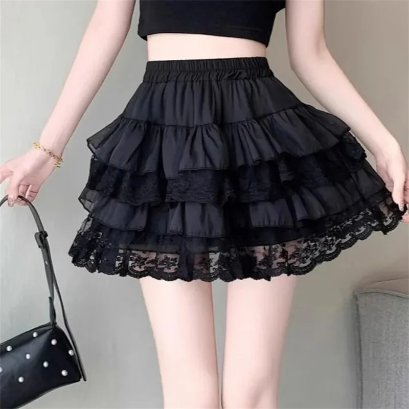Elastic Gothic Lace Tutu Skirt Women Black Mesh Detail Petticoat Sexy Mini Tulle Skirts Party Club Wear Dancer
