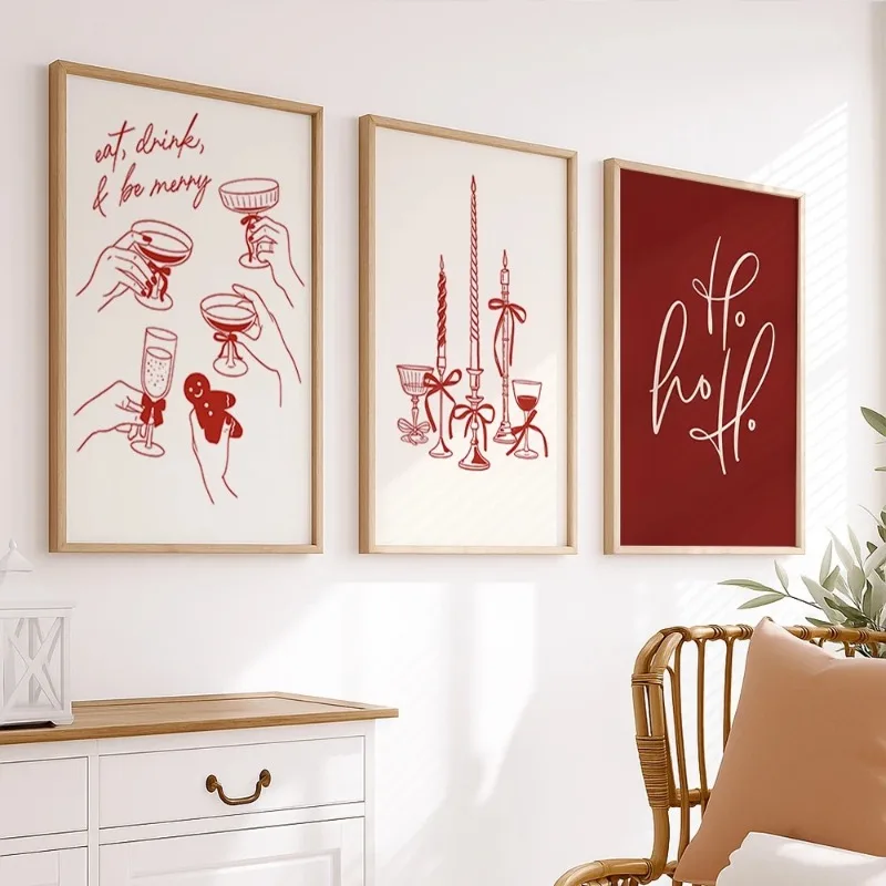 3-teiliges Set Rote Linienkunst Weihnachtsdruck Leinwandposter Rahmenlose Wandkunst Minimalistische Gemütliche Landhaus-Feiertagsdekoration