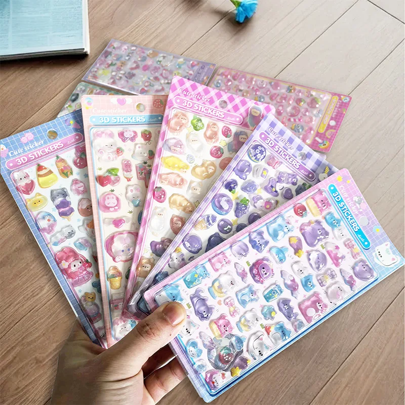 INS Embossed Puffy Stickers Cute Cartoon Animals for Kids Photocard Journal Scrapbook Decor Kawaii Crystal Phone Case Decals