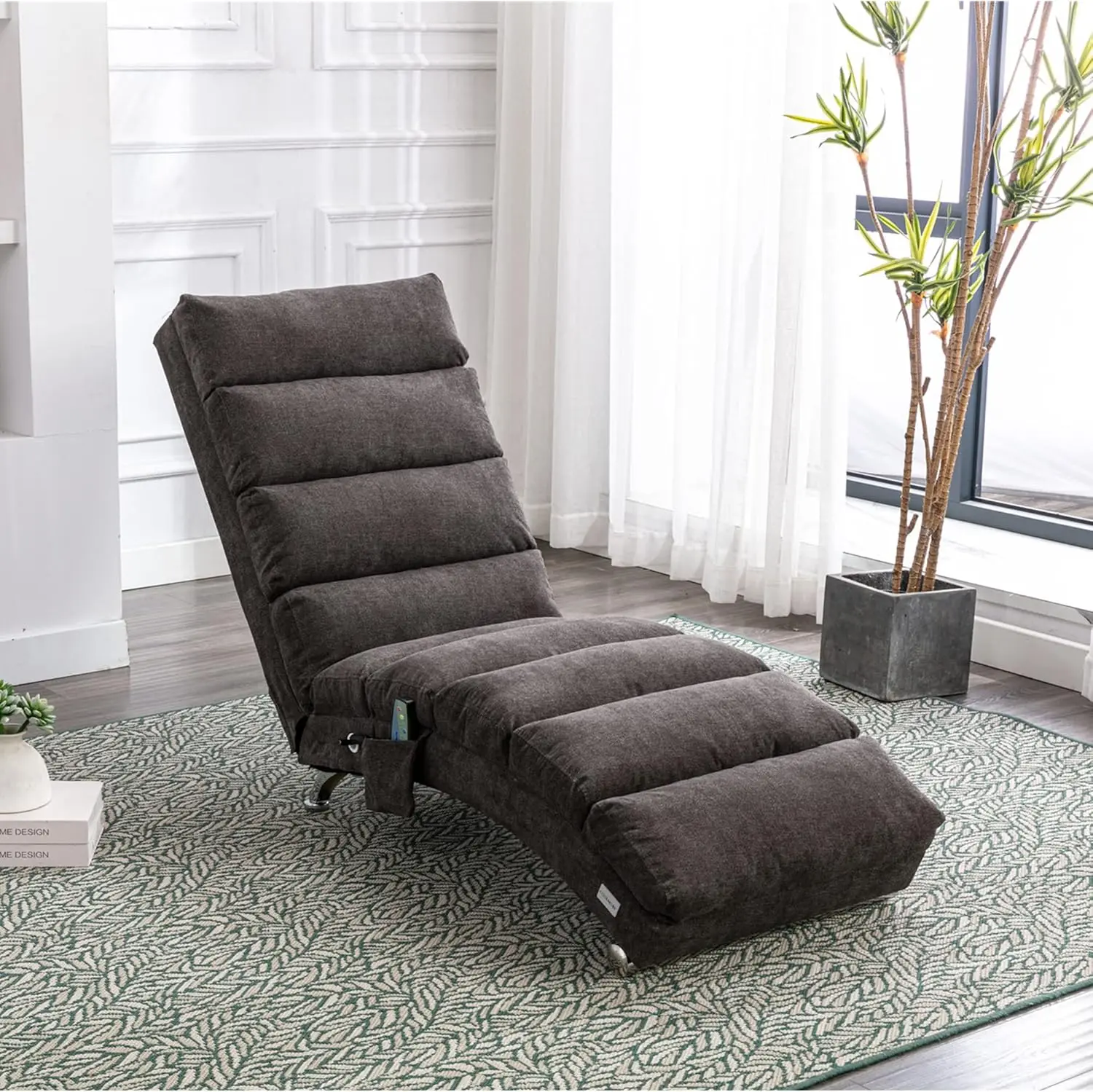 Armless Chaise Lounge Indoor Chair with Massage, Modern Long Lounger with Metal Legs for Office or Living Room