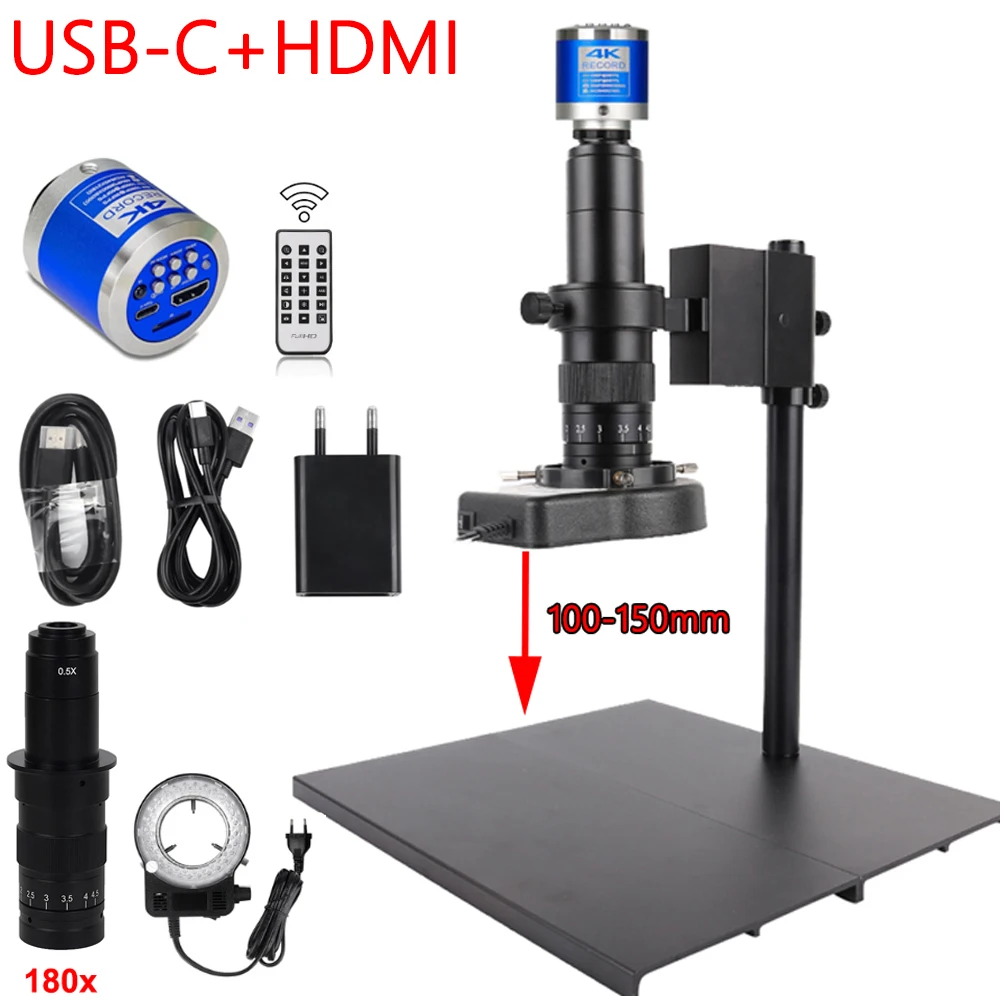 48MP 4K 1080P HDMI USB-C Industrial Video Digital Microscope Camera 1-180X Zoom C Mount Lens For Phone PCB Soldering Repair