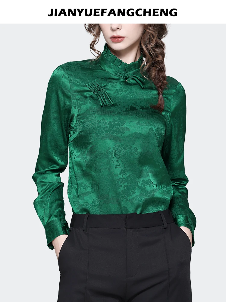 Vintage Chinese Style Women Long Sleeve Turtleneck Jacquard Blouse Green Loose Casual Spring Summer Tops Female Shirts