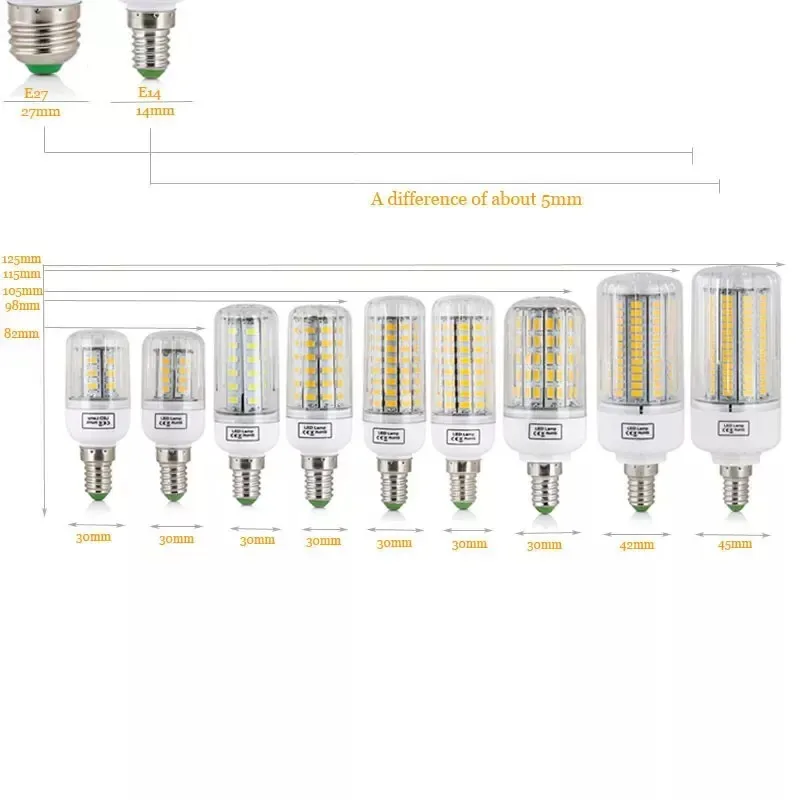 Lâmpada conduzida e27 e14, smd 5730 dos bulbos do milho, 220v, 7w, 12w, 15w, 20w, 25w, dispositivo elétrico claro home