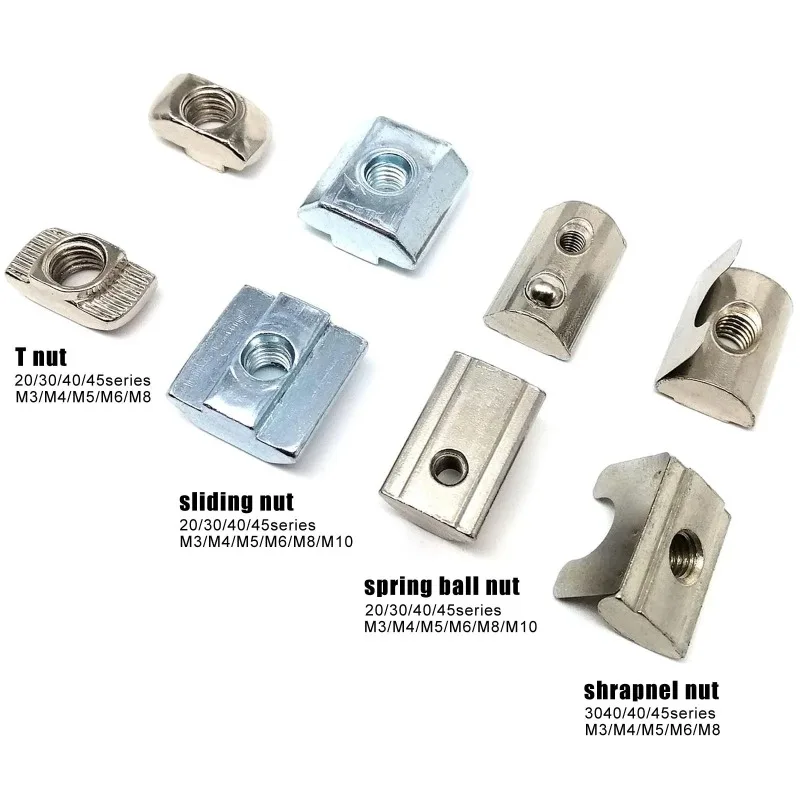 

M3 M4 M5 M6 M8 M10 T Shape Block Sliding Nut Hammer Spring Ball for 20 30 40 Series Aluminum Profile Extrusion Slot Track