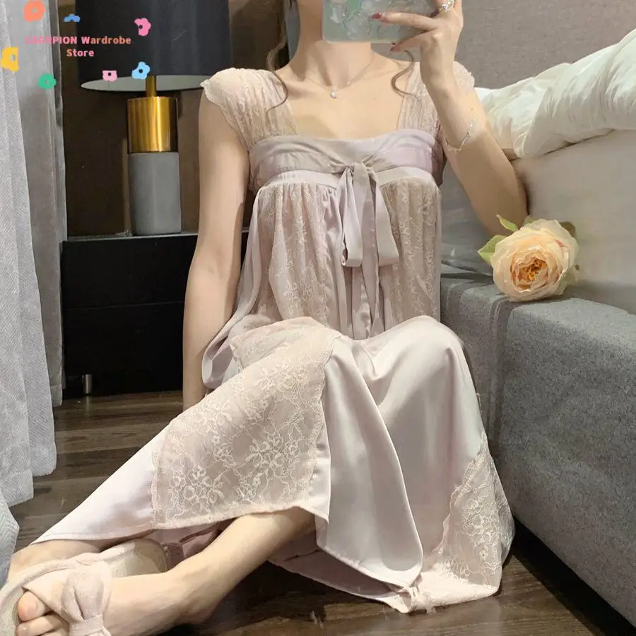 Purple Mesh Spaghetti Strap Women Princess Dress Vintage Lace Embroidered Homewear Fairy Hanfu Nightgown Sweet Bow Sleepshirt