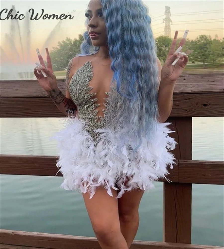 Stunning White Feather Short Prom Dress With Diamond Mesh Aso Ebie Black Girls Hoco Homcoming Cocktail Birthday Gown Customized