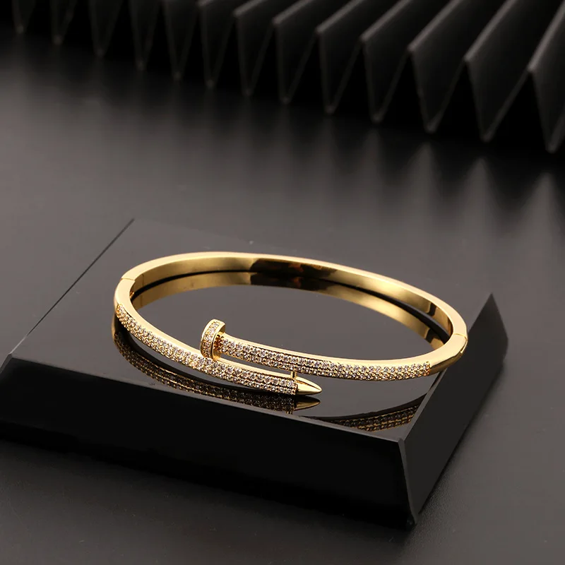 

Fashion Jewelry Bracelets Zircon Micro Insert Real Gold Plated Nail Bangle Bracelet for Women Girls Best Friends Gift