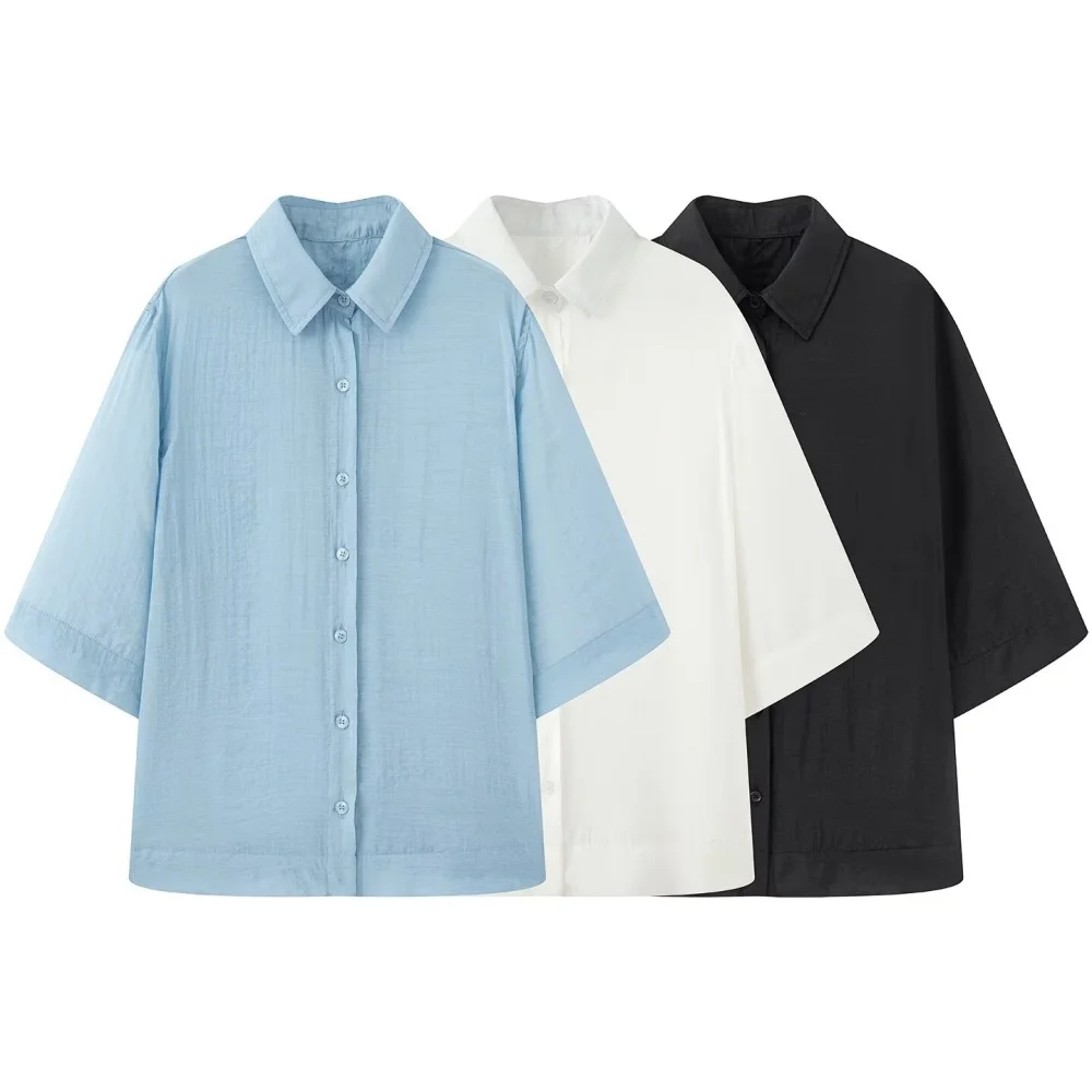 

UNIZERA women's lapel short sleeved shirt with buckle decoration for spring and summer new casual women's wear