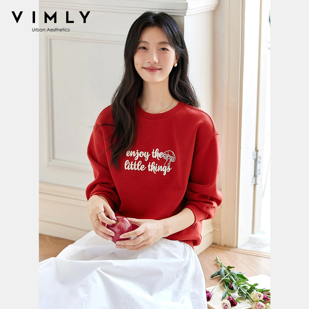 VIMLY Sports Women Sweatshirts Letter Embroider Autumn 2025 O-neck Knitted Female Sweatshirt Elegant Straight Ladies Tops A2106