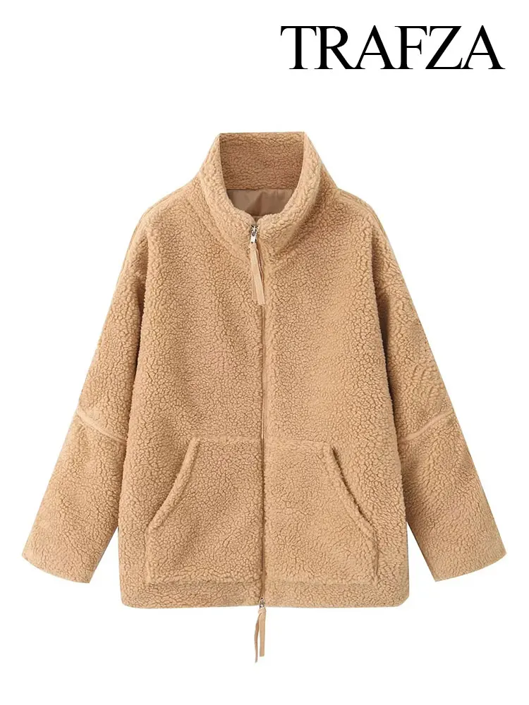 TRAFZA Winter Coat For Women Warm Loose Lamb Wool Coat Lapel Zipper Fly Long Sleeve Jacket Female Casual Vintage Solid Outerwear