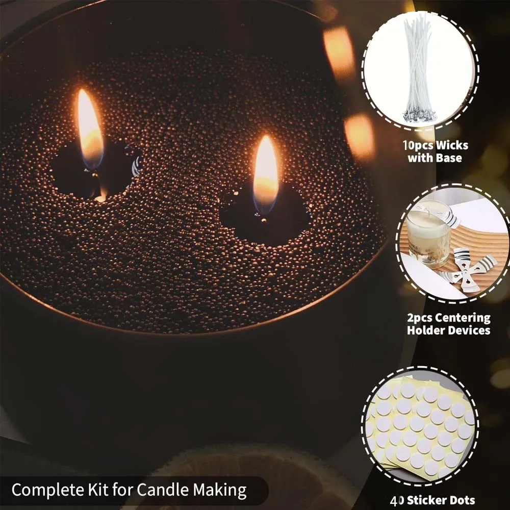 200G Black Sand Beaded Wax Candle Making Kit DIY Pearled Candle Candle Making 10PCS Wicks 2PCS Centering Devices 40 Stickers Dot 6