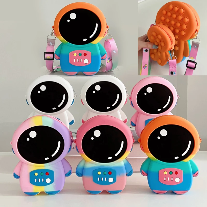 Kid Boys Silicone Fashion Cosmonaut Messenger Bag Coin Purse Girl Children Astronaut Crossbody Bags Decompression Pop Fidget Toy
