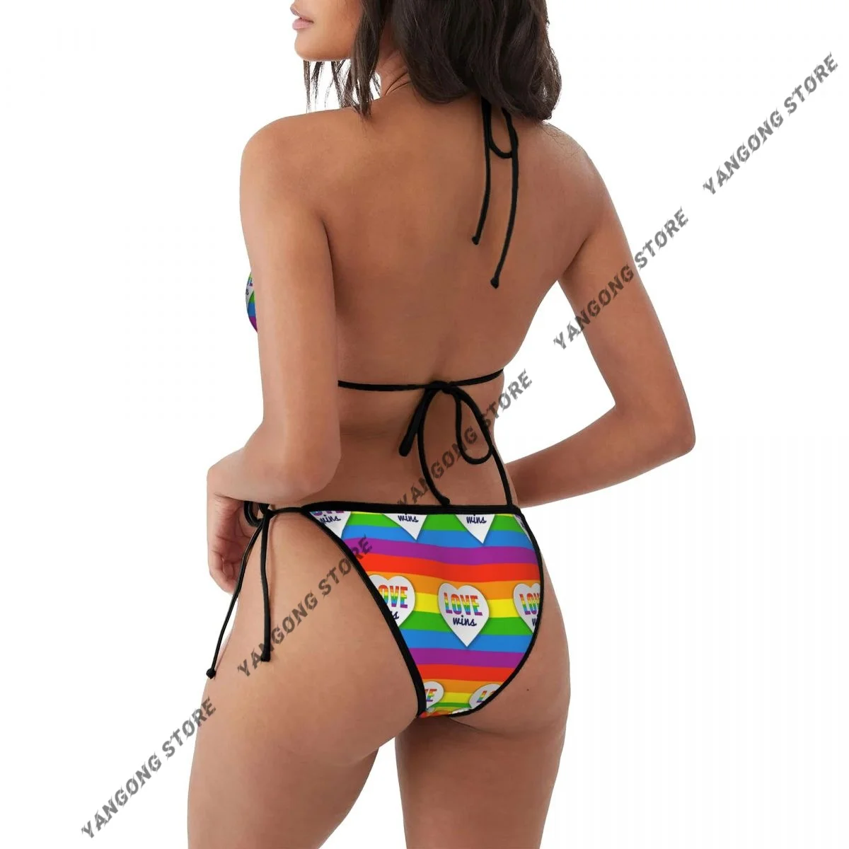 المرأة بيكيني مثير ملابس السباحة قوس قزح العلم مع القلب الحب يفوز النص LGBT سيور لباس سباحة بحر الصيف البرازيلي Biquini