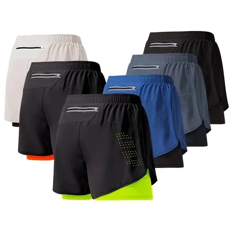 Men Fitness Built-in pocket sports Shorts Summer 2 In 1 Quick Dry Gym Beach shorts Running Double-deck Shorts Outdoor sweatpants