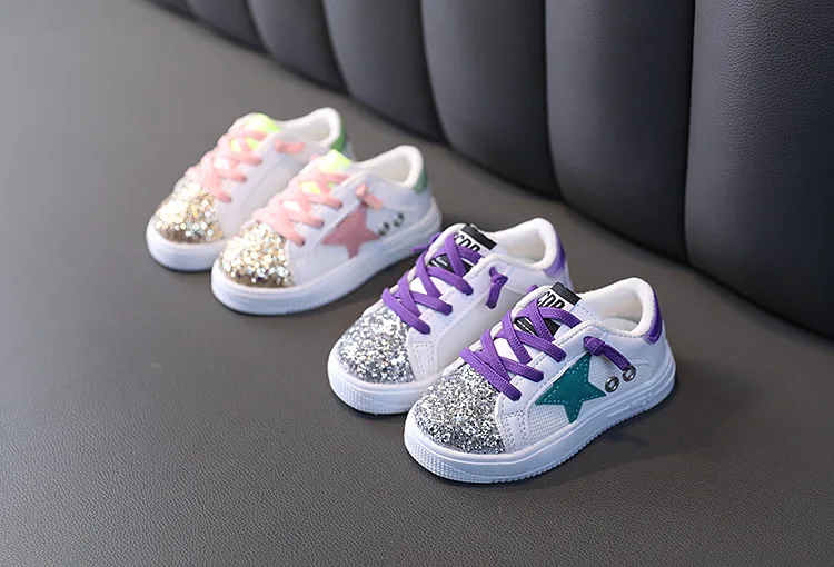 Children New Casual Sneakers Fashion Glitter Sequins Soft Bottom Breathable Board Sneaker Shoes Baby Girls Lace Up Sports Shoes