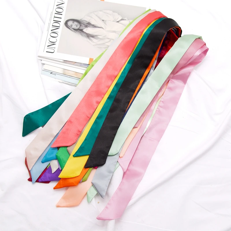 New Long Bag Scarf Women Hair Band Lady Accessories Solid Skinny Scarves Headband Satin Ribbon Neck Tie Decorative Bag Scarves