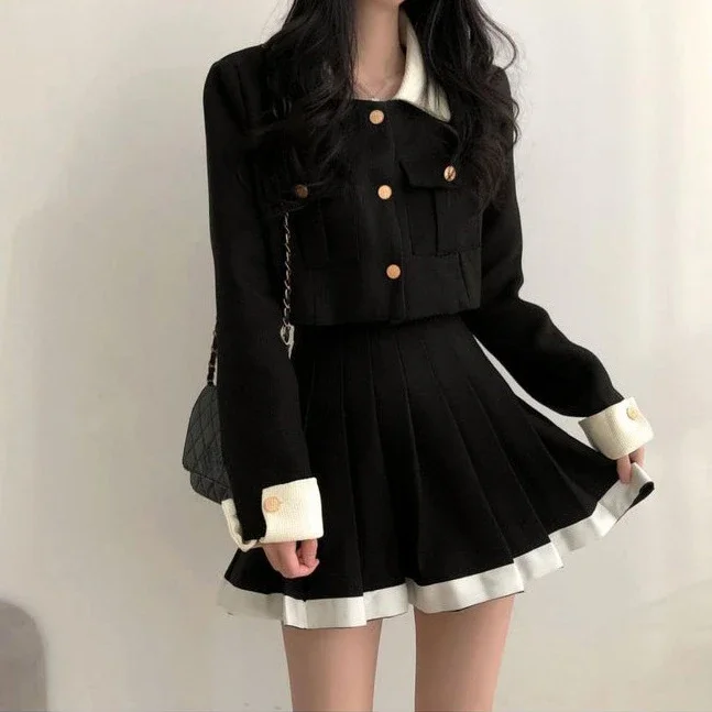 Color Contrast Patchwork Lapel Short Jacket High Waisted Pleated Skirts 2 Piece Sets Womens Outfits Vintage Black Autumn Top