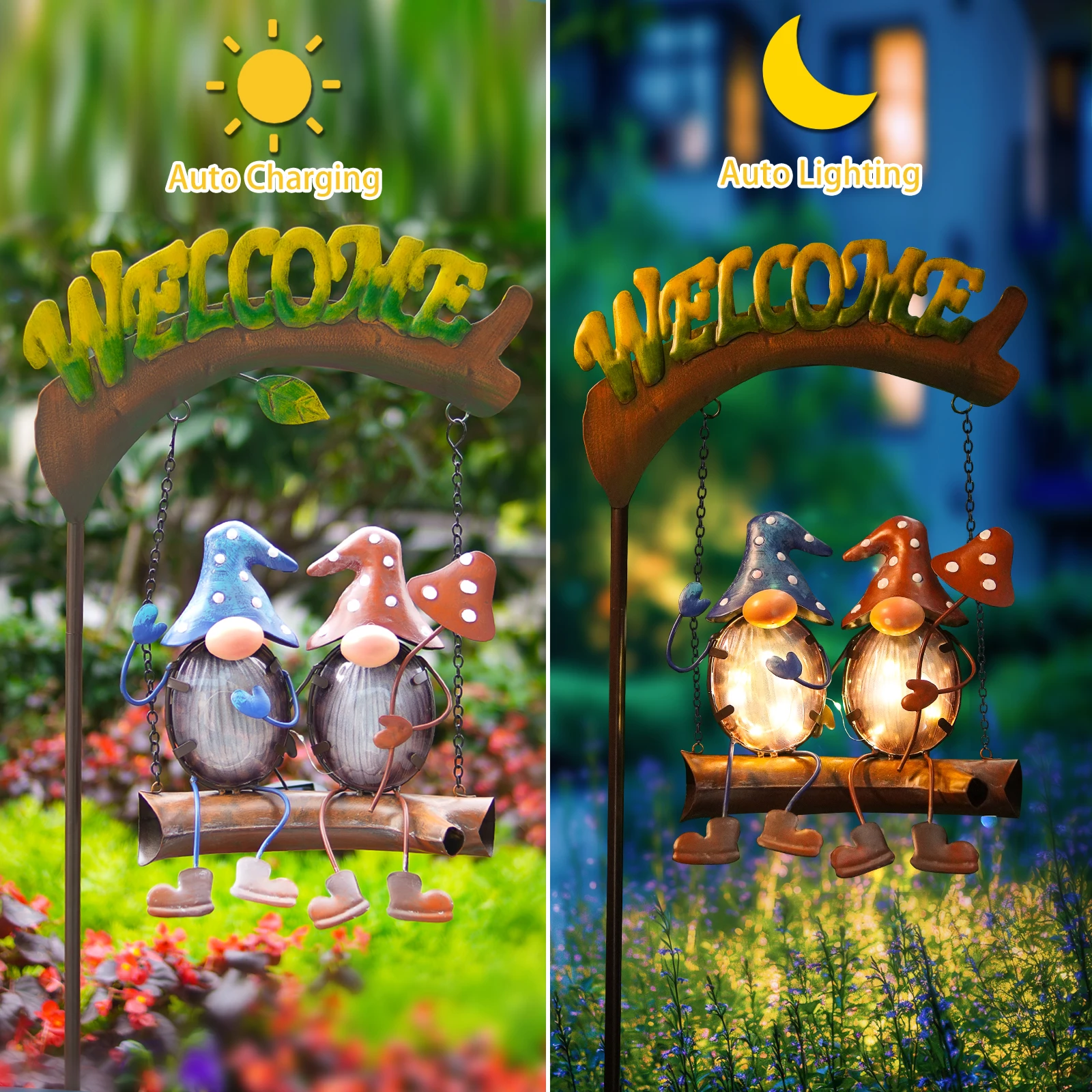 Solar Lights Outdoor Decor, Gnomes Swing Garden Decor, Funny Gifts for Women Mom, Gnomes Outdoor Decorations with Welcome Sign