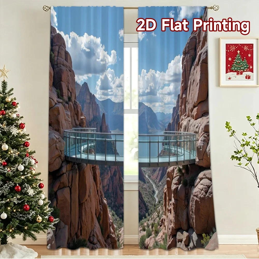 2D flat 2pcs Curtain Home Short Curtains Canyon Bridge View Digitally printed polyester, colorfast Holiday Decorations Use for