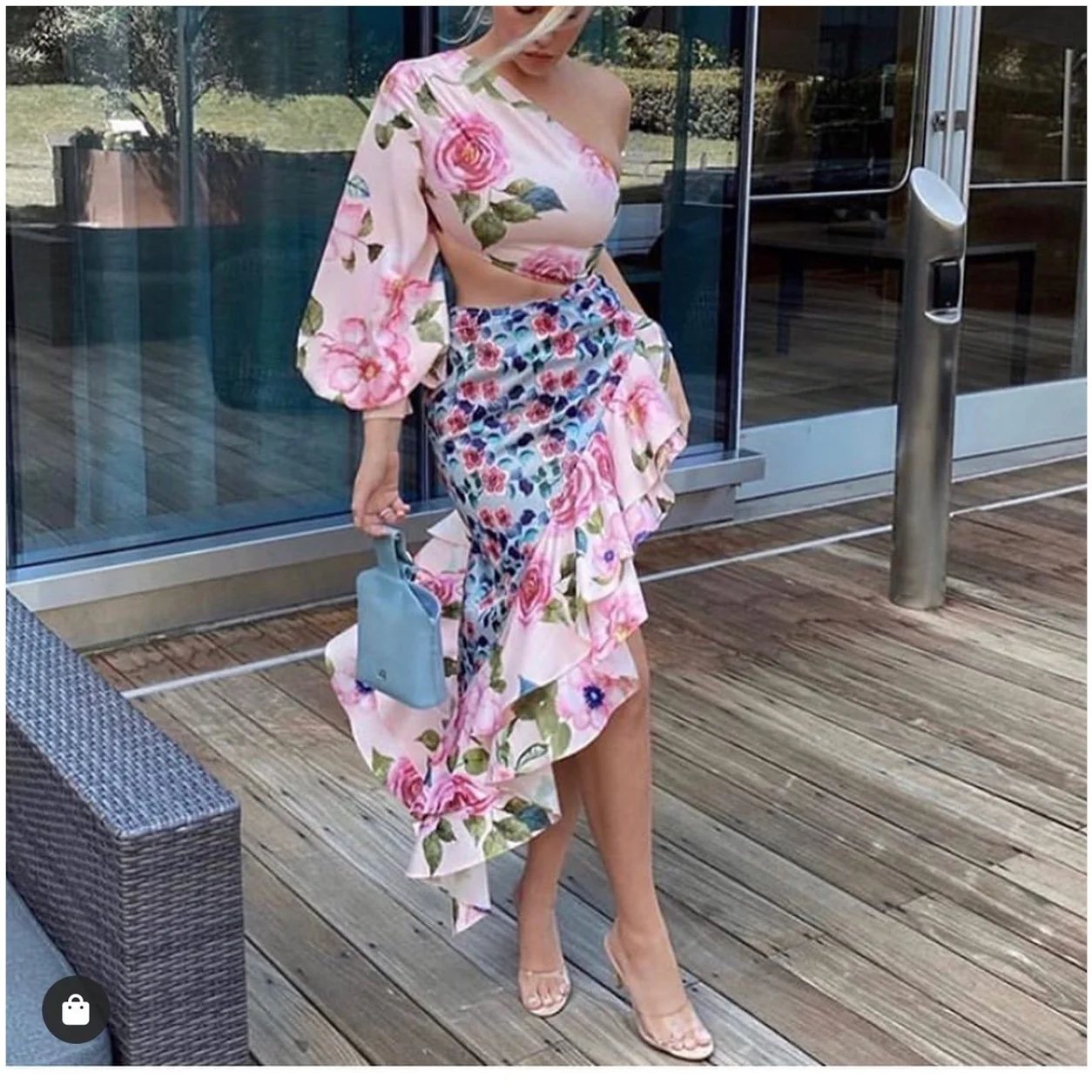 

Asymmetric Collar One oulder Lantern Sve Top with Ruffle Skirt f Summer Faion Set for Women 25-35 Years Old