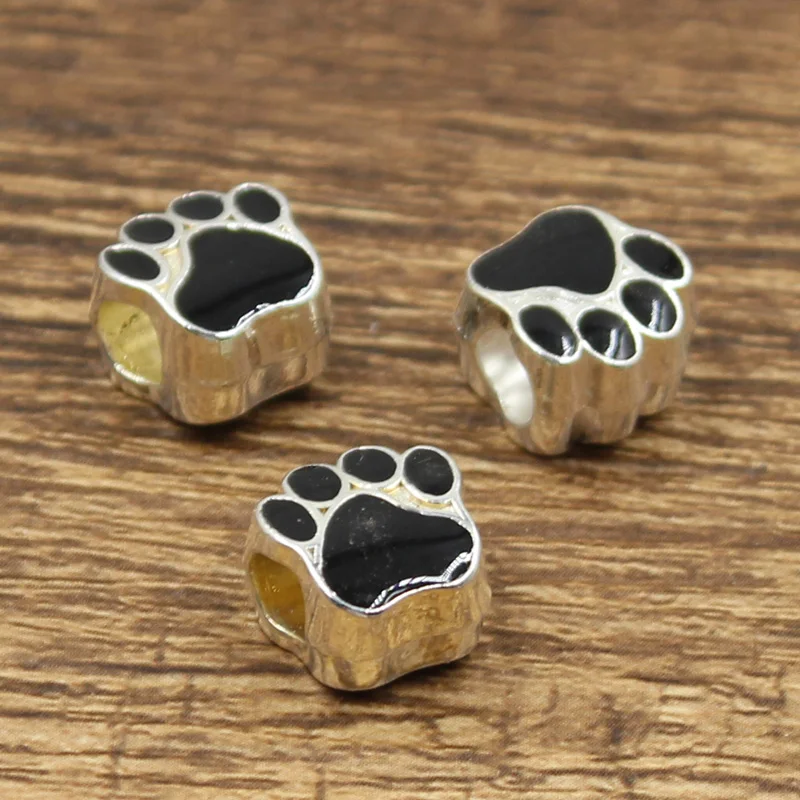 6pcs 11x7x11mm Dog Bear Cat Paw 5mm Big Hole Bead Charm Fits Bright Silver Color Drop Oil Fit European Bracelets Wholesale