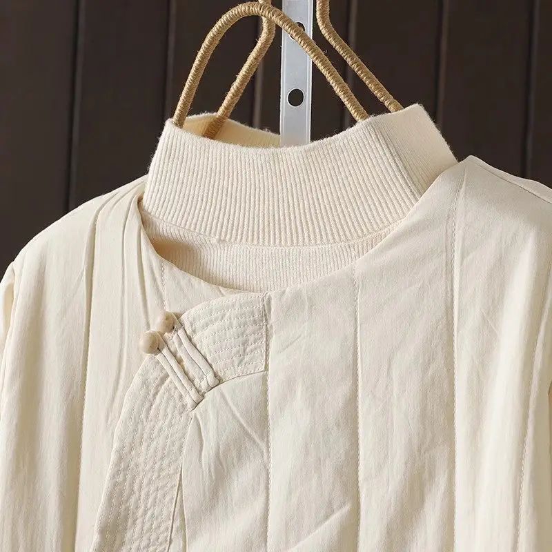 Light Chinese Syle Cotton Padded Cheongsam Slanted Collar Thickened Pressed Stripps Buttoned Robe Cotton Linen Winter Dress A013
