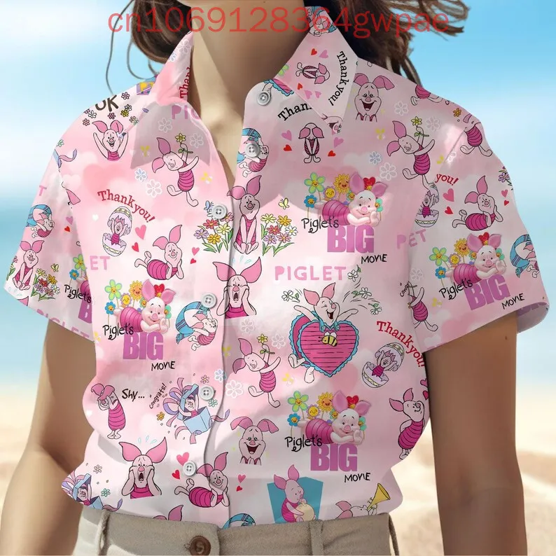 

2025 Winnie the Pooh Piglet Women's Shirt Casual Short Sleeve Hawaiian Shirt Disney Cartoon Summer Fashion Holiday Beach Shirt
